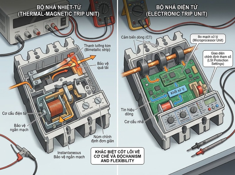 MCCB nhiệt từ và MCCB điện tử khác nhau thế nào?